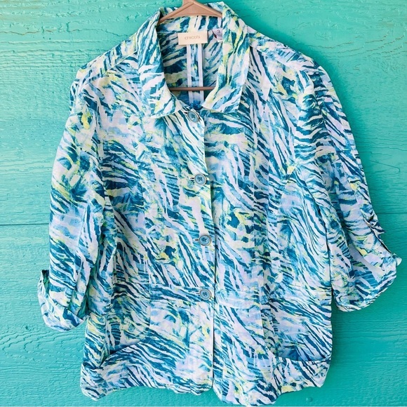 Chico's Linen/Blend Button Up LIGHTWEIGHT Jacket Top Blue Multicolor Sz 3 or XL - Picture 1 of 8